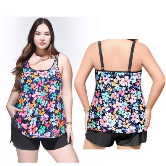 Tempt Me Other - 22W Plus Size Flowy Floral Tankini w High Waist Black Shorts NWT
